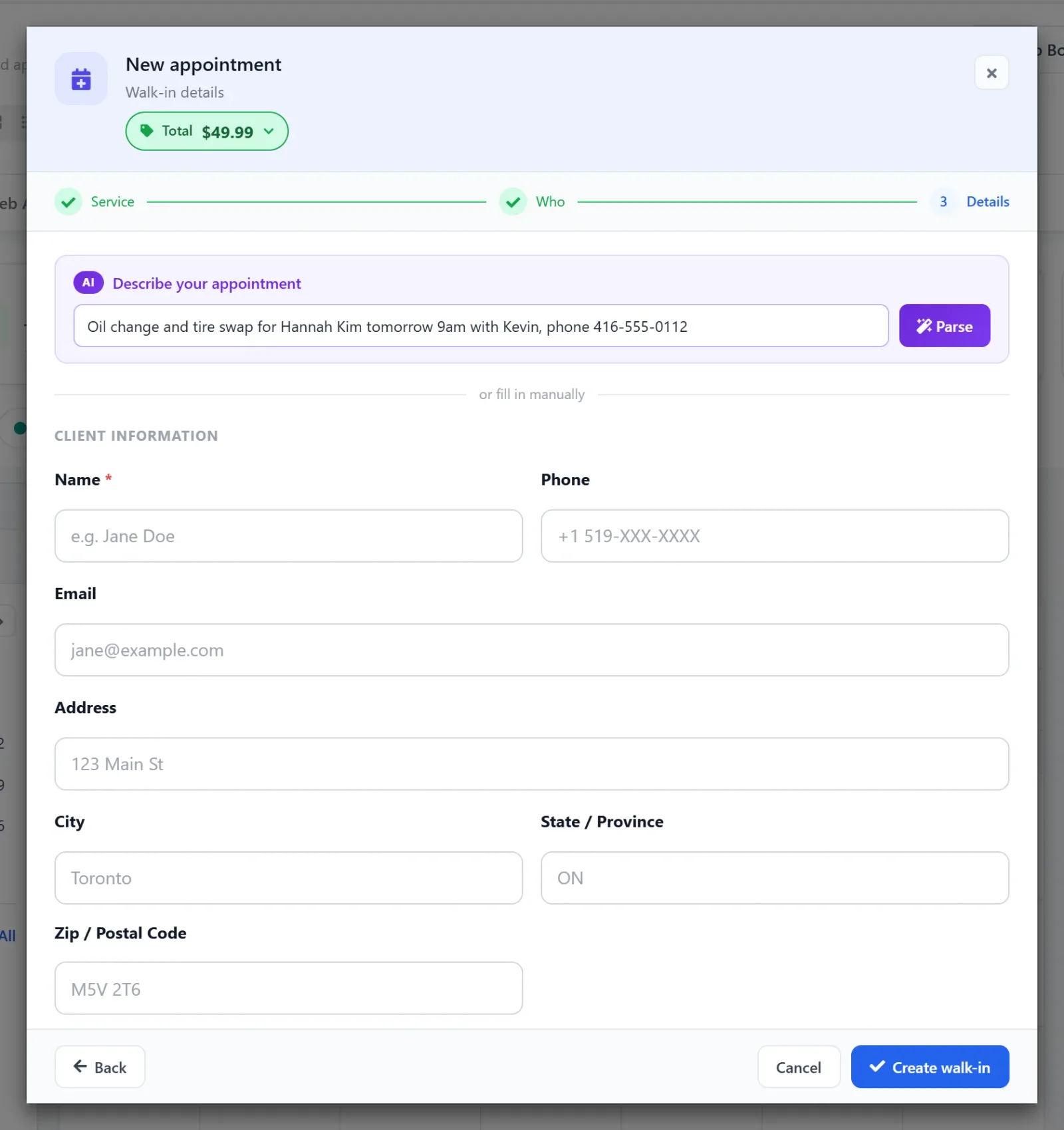 AutoSoftWay New appointment walk-in step with the AI "Describe your appointment" box filled in with "Oil change and tire swap for Hannah Kim tomorrow 9am with Kevin, phone 416-555-0112" next to the Parse button, above the manual client fields