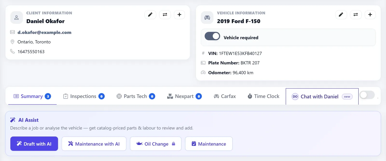 AutoSoftWay estimate for a 2019 Ford F-150 with the AI Assist bar: Draft with AI, Maintenance with AI, Oil Change and Maintenance buttons below the client and vehicle cards