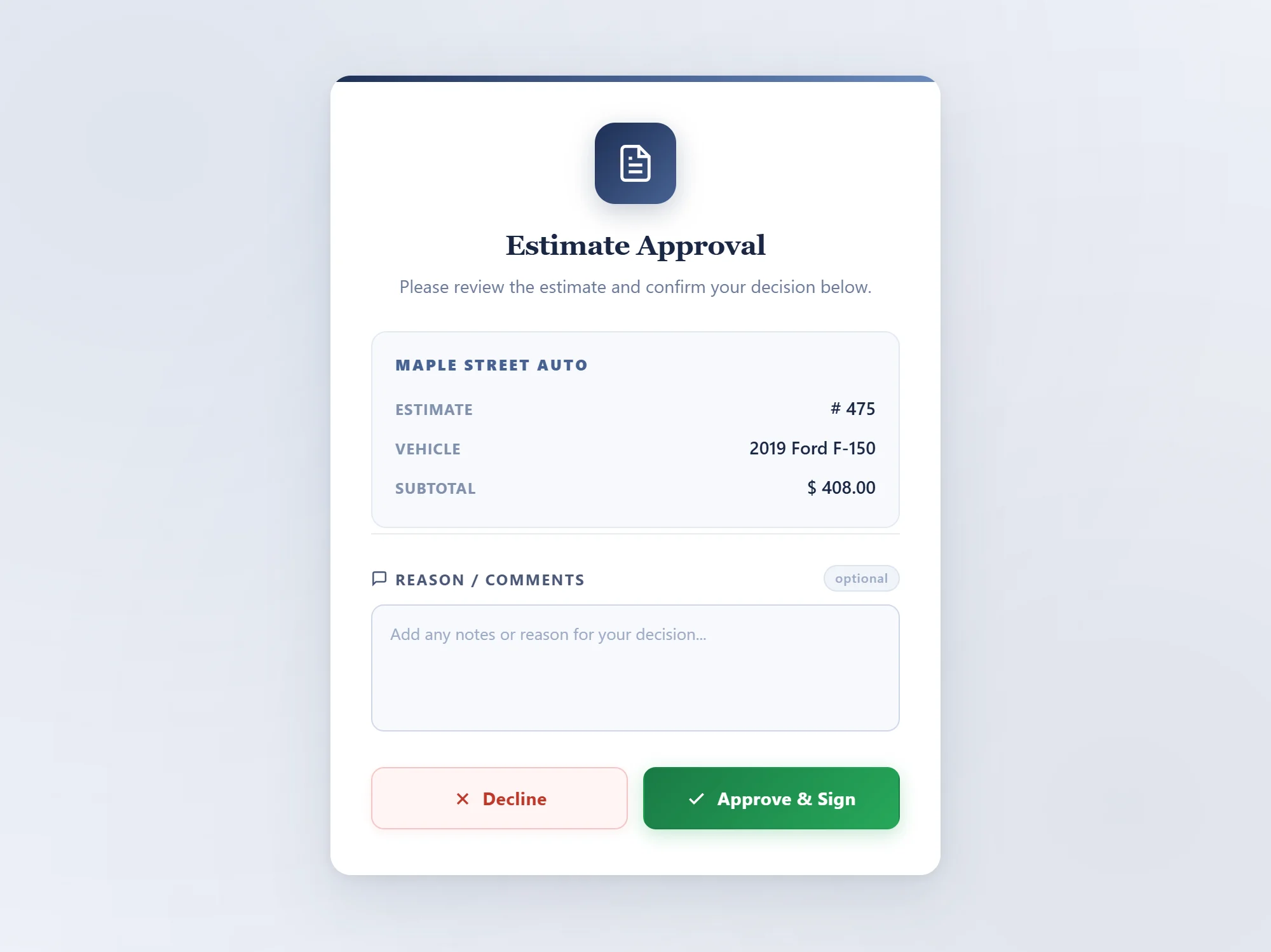 Estimate approval page with Approve and Decline buttons