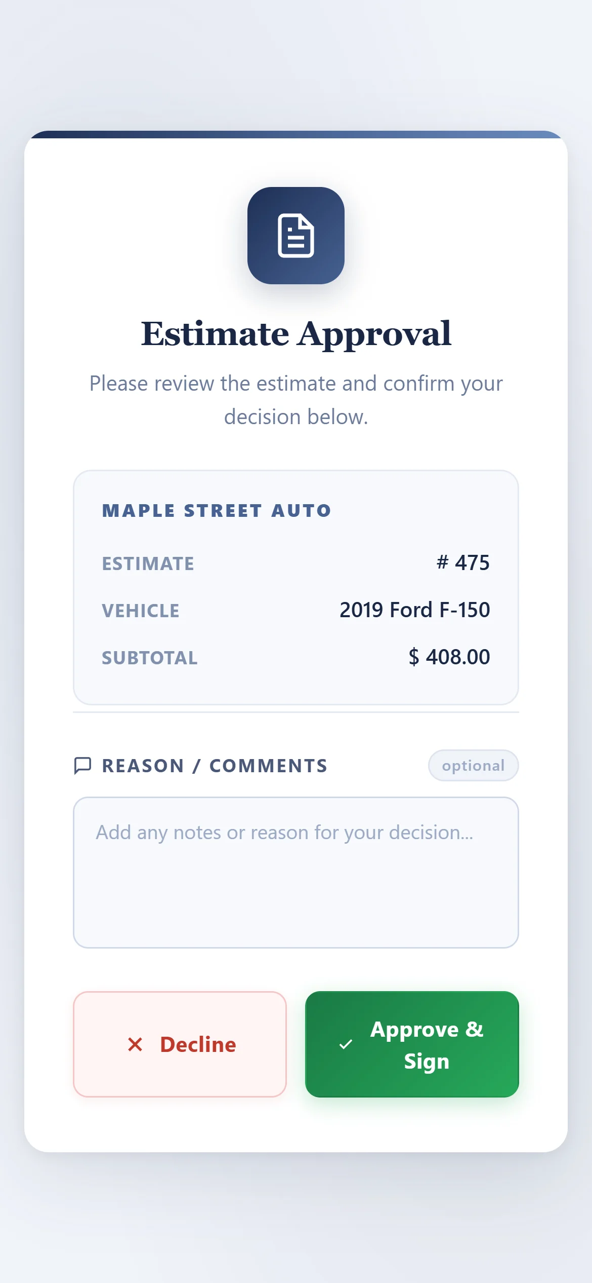 Estimate approval page on the client's phone