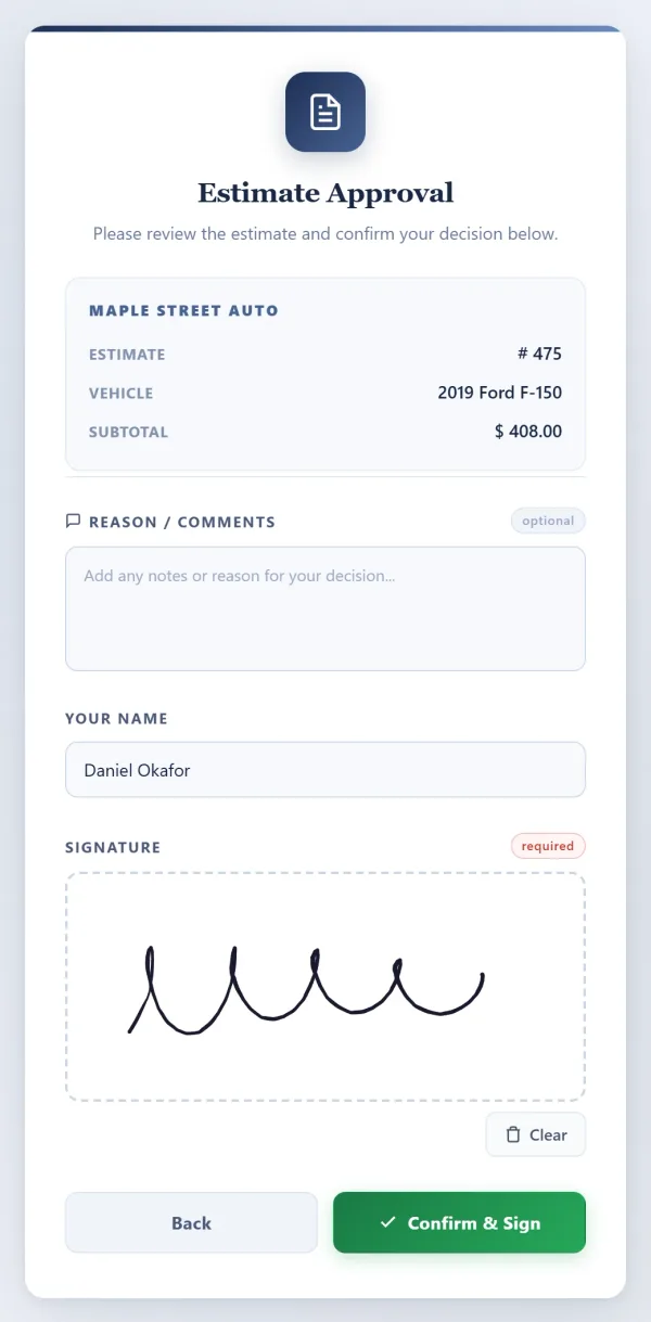 Approval signing step on a phone: client name Daniel Okafor, a hand-drawn signature, and a Confirm & Sign button