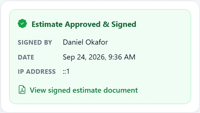Estimate Approved & Signed panel on the work order: signed by Daniel Okafor, Sep 24, 2026, 9:36 AM, with a link to view the signed estimate document
