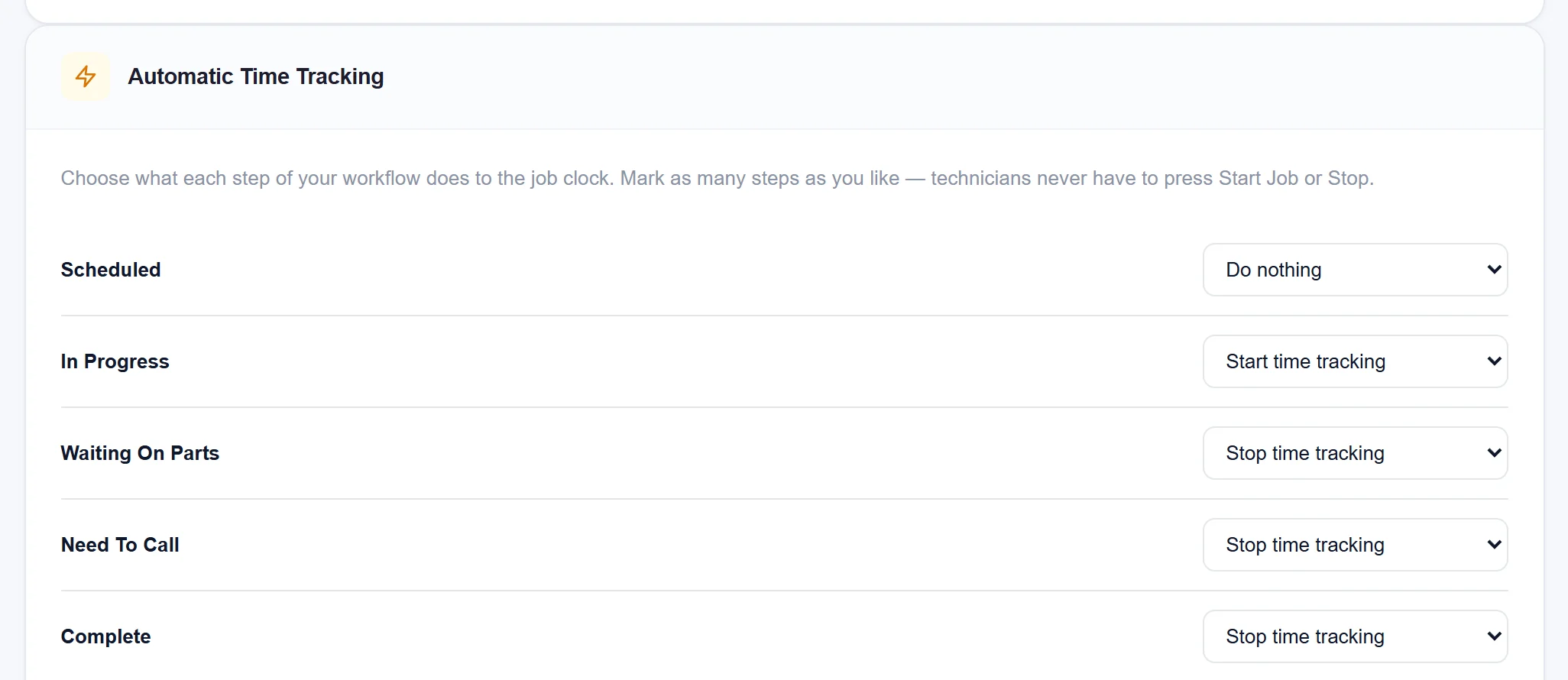 Automatic Time Tracking settings: In Progress starts time tracking; Waiting On Parts, Need To Call and Complete stop it