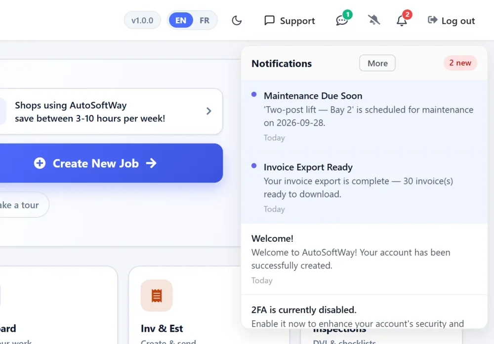 AutoSoftWay notification bell dropdown showing two new notifications: equipment maintenance due soon and an invoice export ready