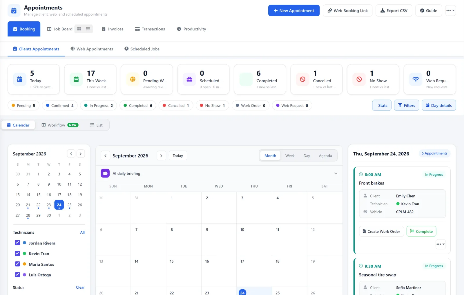 AutoSoftWay Appointments page: booking counters, status filters, a September 2026 month calendar, technician filters and the day's appointment cards with Create Work Order and Complete buttons