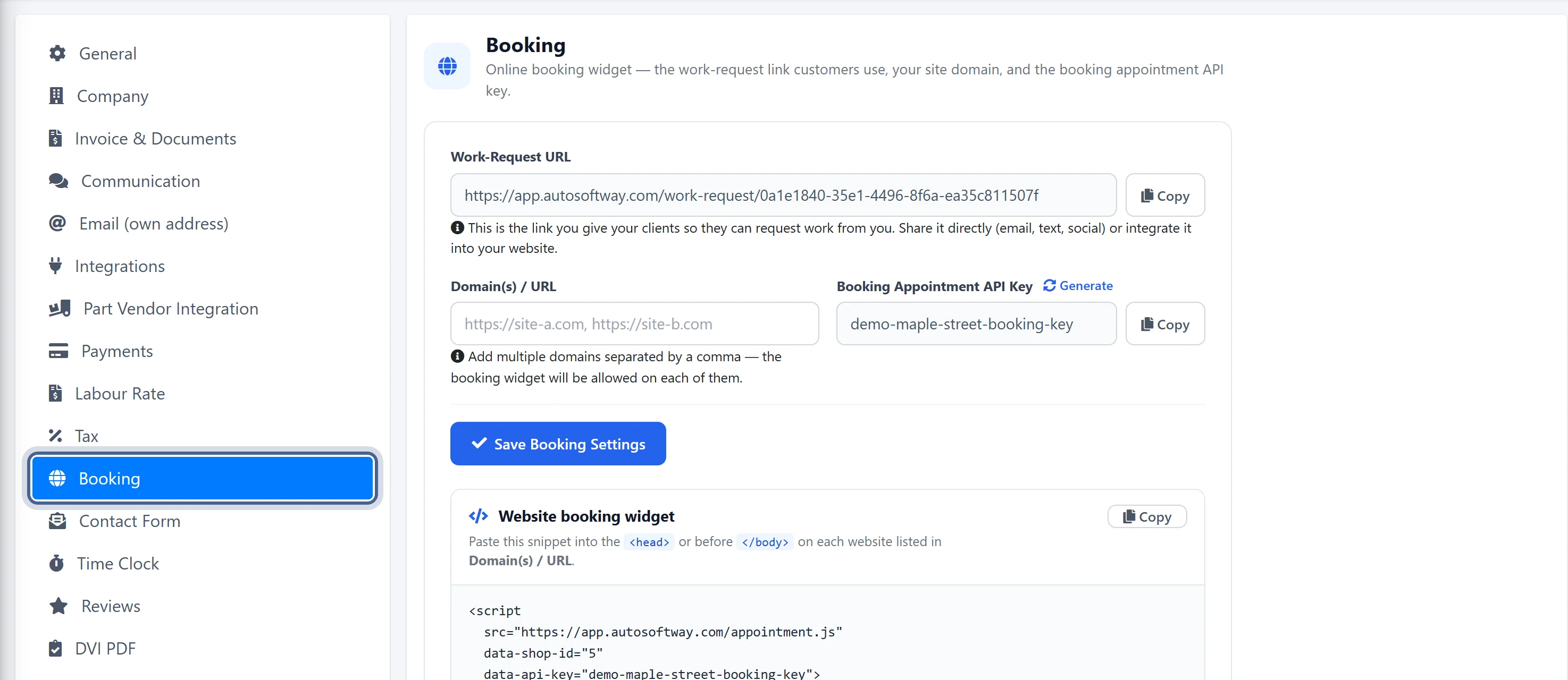 Booking settings