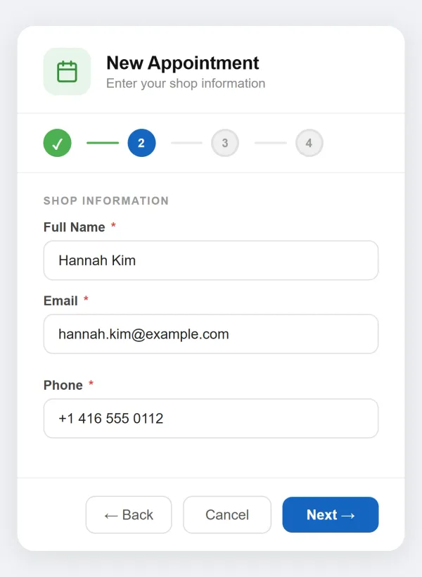 Online booking widget step 2: customer full name, email and phone fields filled in