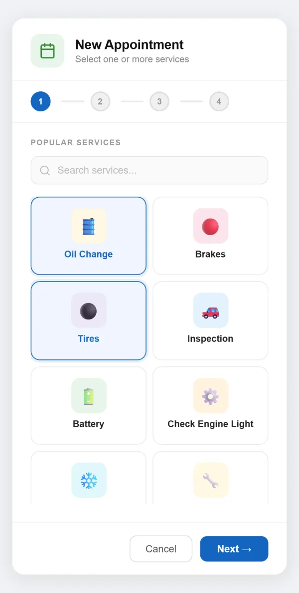 AutoSoftWay online booking widget: New Appointment step 1 with popular services such as Oil Change, Brakes, Tires, Inspection, Battery and Check Engine Light