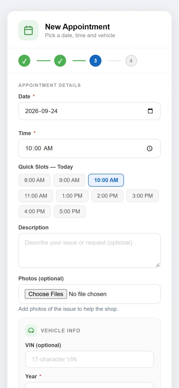 AutoSoftWay online booking widget on a phone, step 3: date and time pickers, quick time slots for today, a description box, photo upload and vehicle info