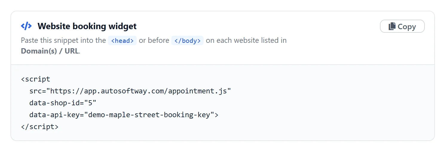 Website booking widget snippet to copy