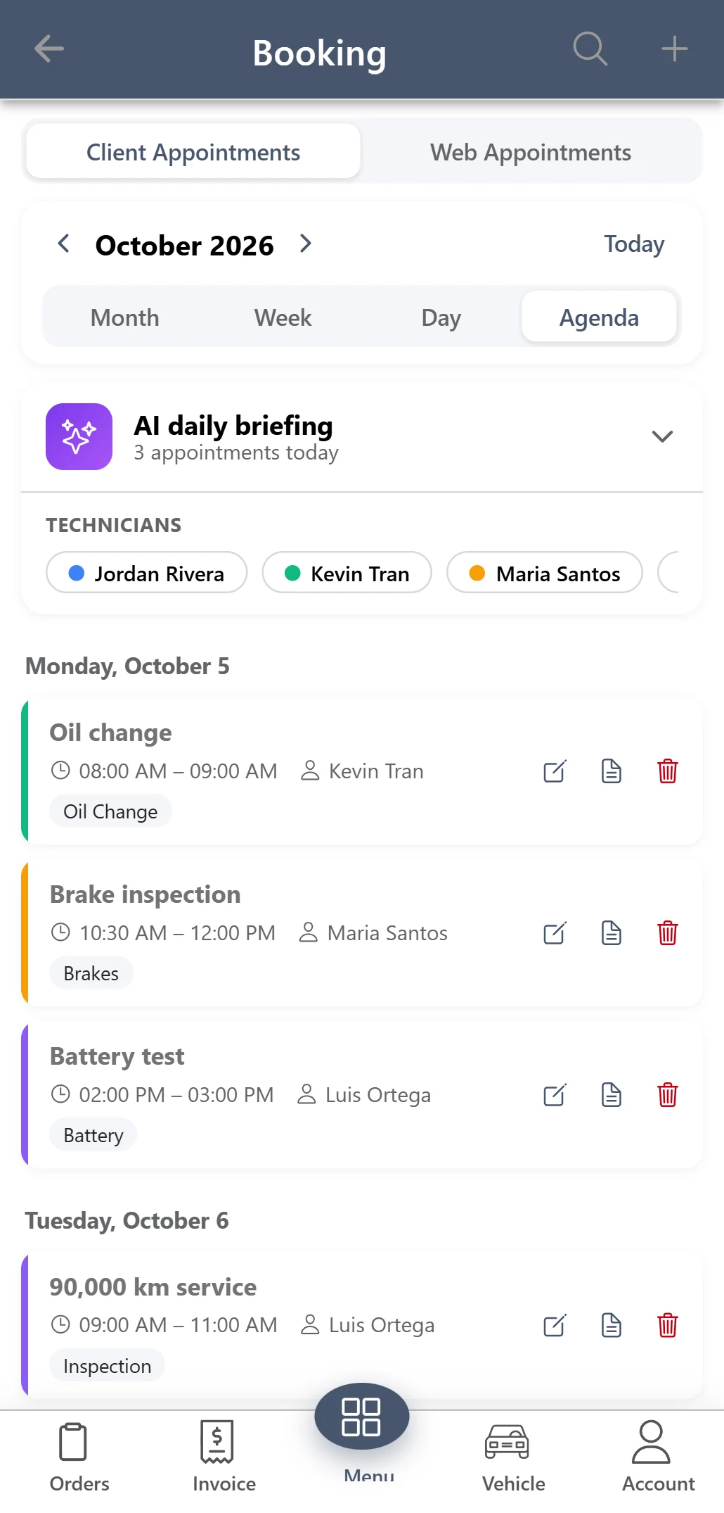 AutoSoftWay Android app: Booking calendar with technician filters and the AI daily briefing