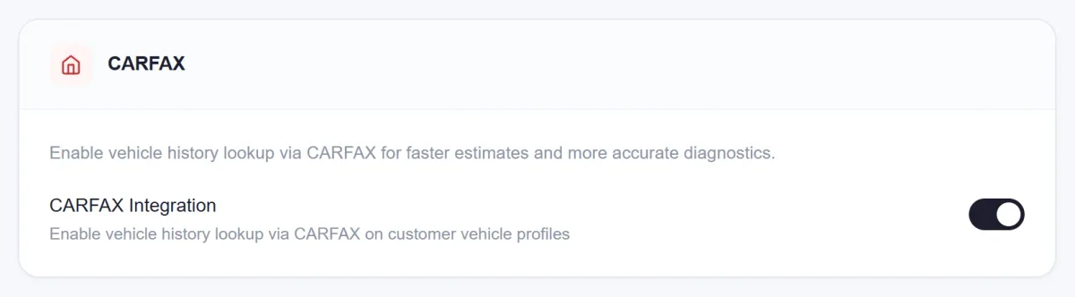 AutoSoftWay settings card with the CARFAX Integration switch turned on
