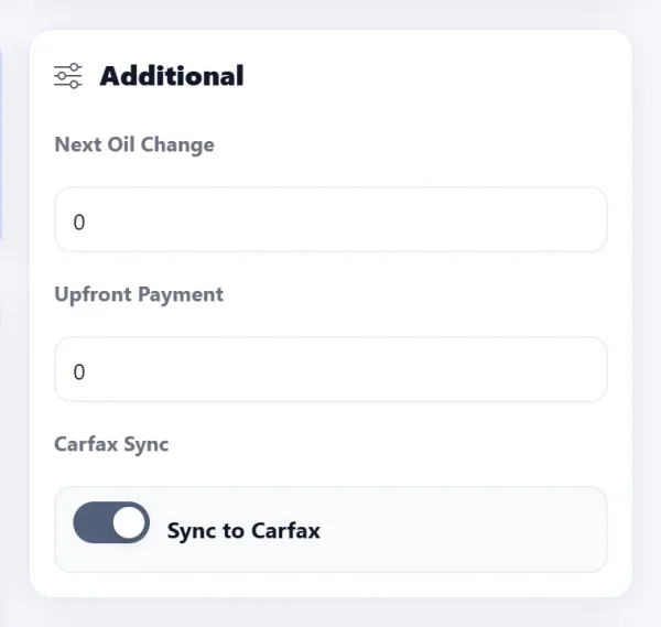 Sync to Carfax switch in the Additional panel of an AutoSoftWay order