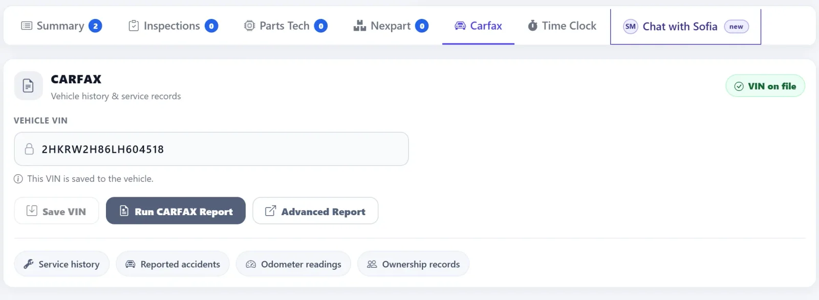 Carfax tab on an AutoSoftWay estimate: vehicle VIN on file with Save VIN, Run CARFAX Report and Advanced Report buttons, plus Service history, Reported accidents, Odometer readings and Ownership records