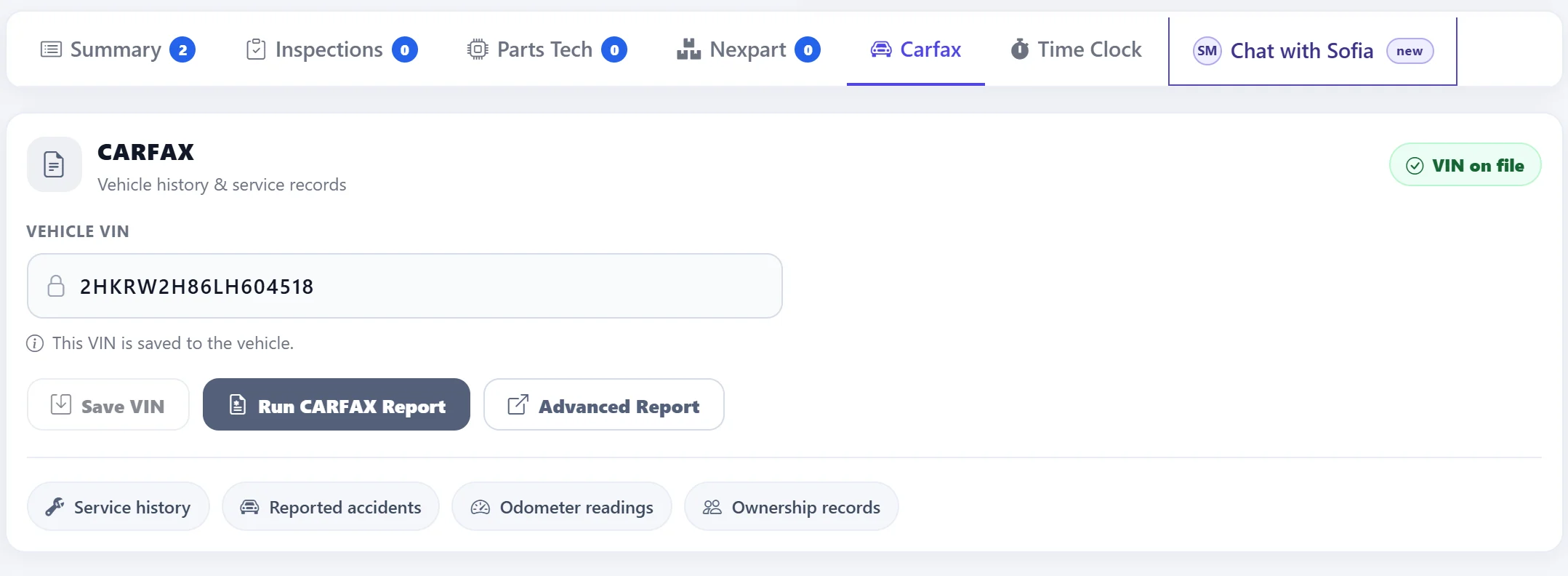 CARFAX tab on an AutoSoftWay order: the vehicle VIN on file with Save VIN, Run CARFAX Report and Advanced Report buttons, and service history, reported accidents, odometer readings and ownership records