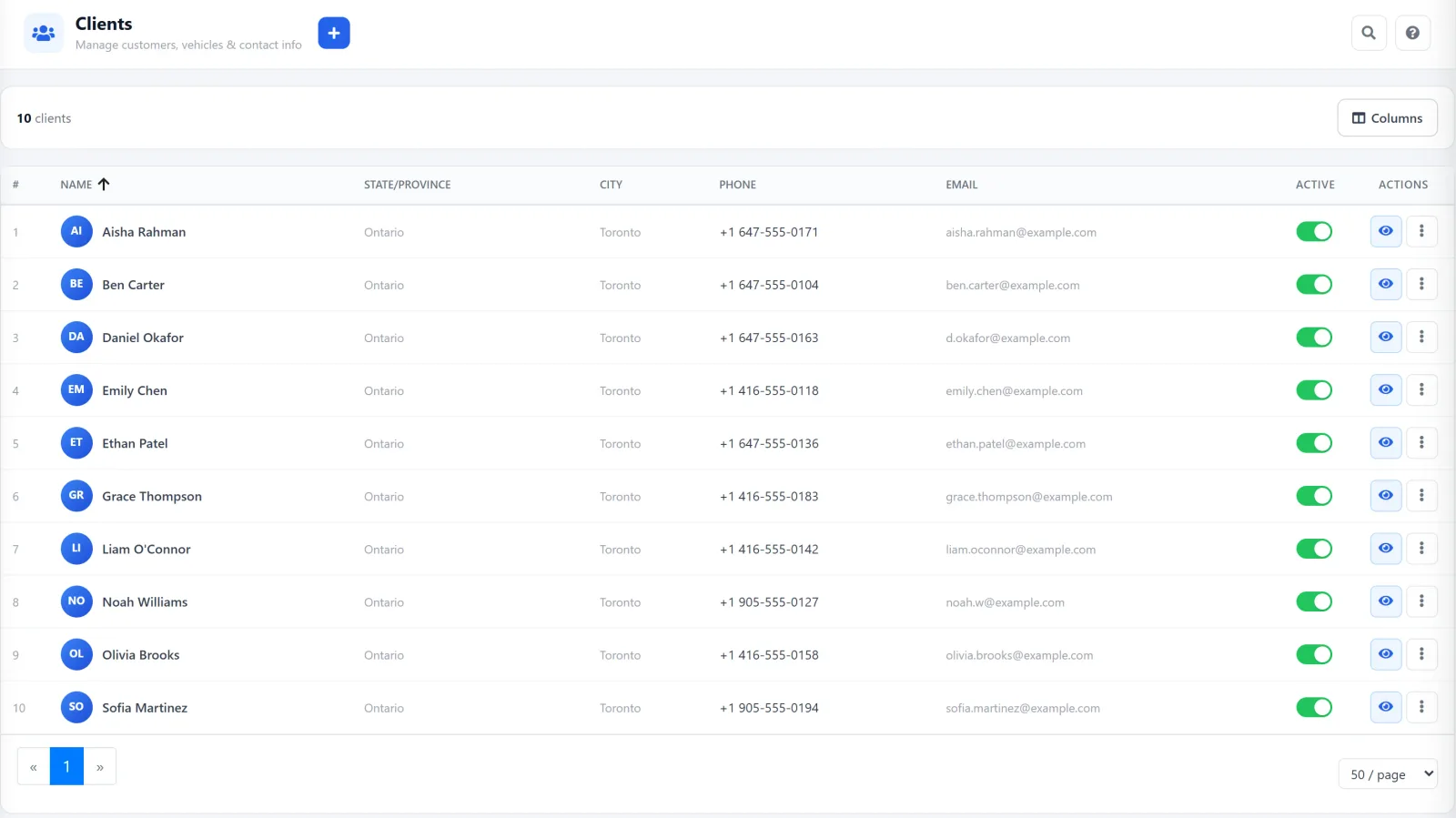 AutoSoftWay Clients list with 10 clients showing name, province, city, phone, email, an active toggle and view buttons, with the add-client and search buttons at the top