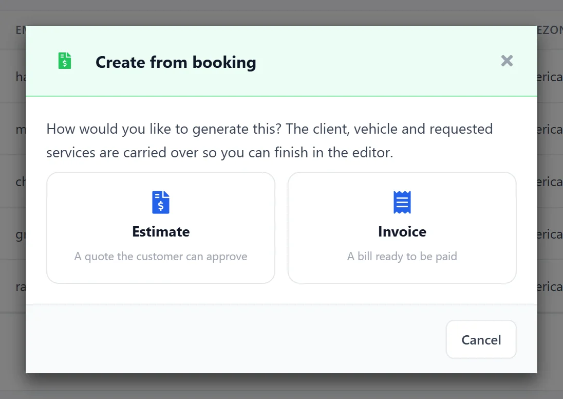AutoSoftWay "Create from booking" dialog: choose Estimate (a quote the customer can approve) or Invoice (a bill ready to be paid); the client, vehicle and requested services carry over to the editor