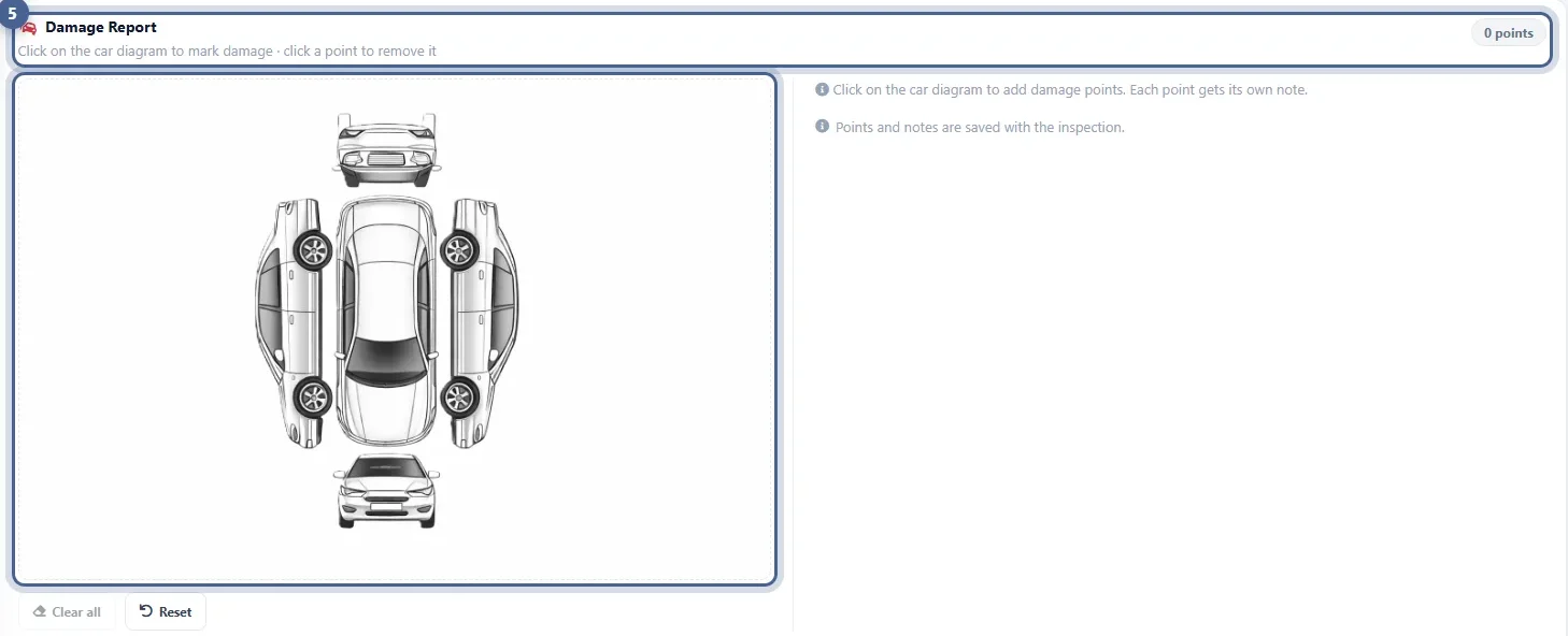 AutoSoftWay Damage Report: car diagram with front, back, both sides and top views to click on