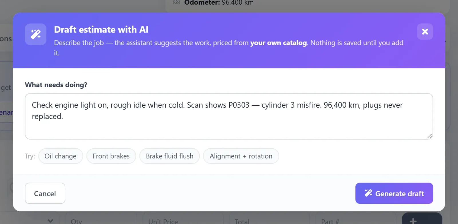 Draft estimate with AI dialog: the technician describes the job ("Check engine light on, rough idle when cold. Scan shows P0303 — cylinder 3 misfire...") before clicking Generate draft; nothing is saved until added