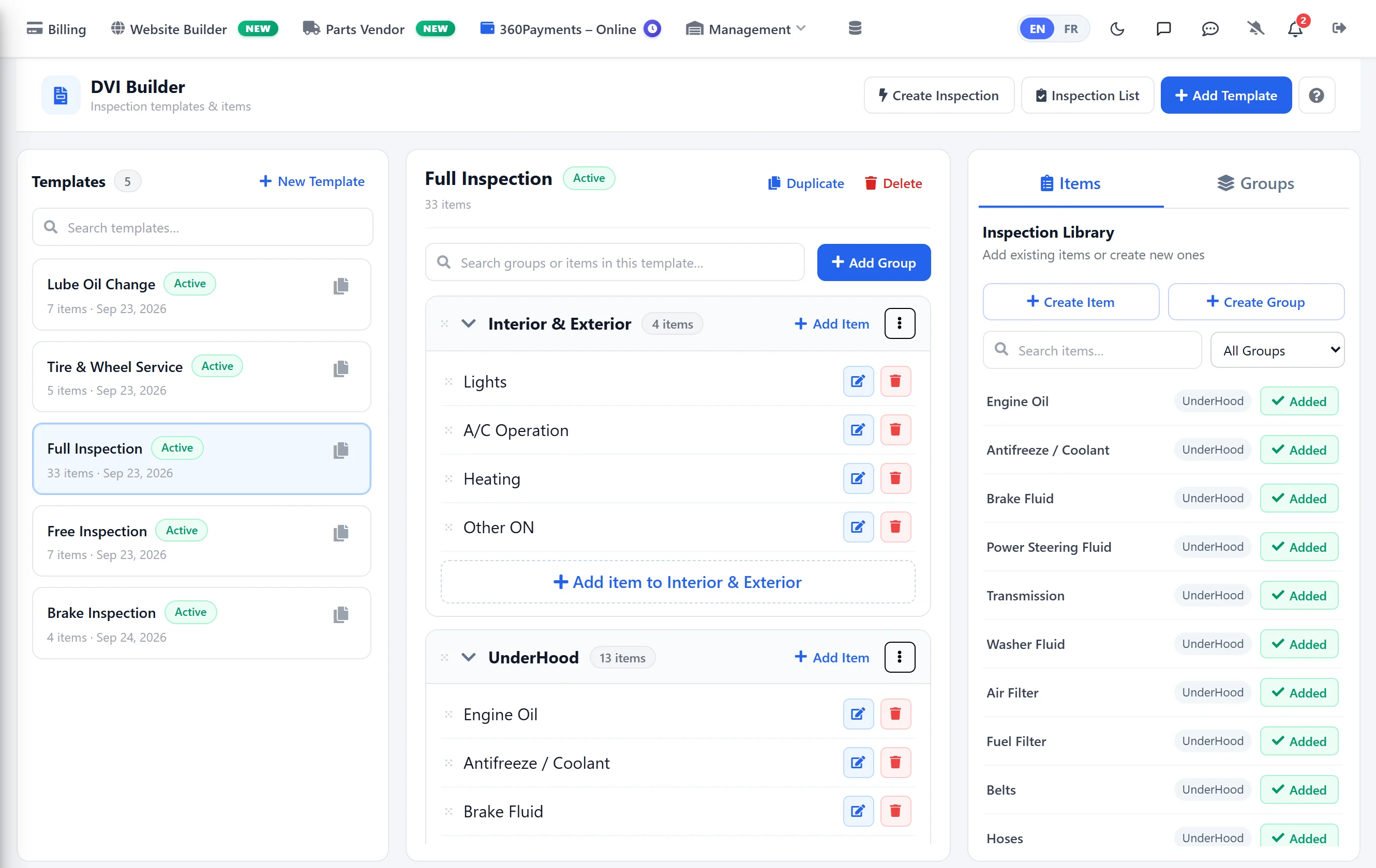 DVI Builder in AutoSoftWay: inspection templates, the checks in the selected template, and the inspection item library