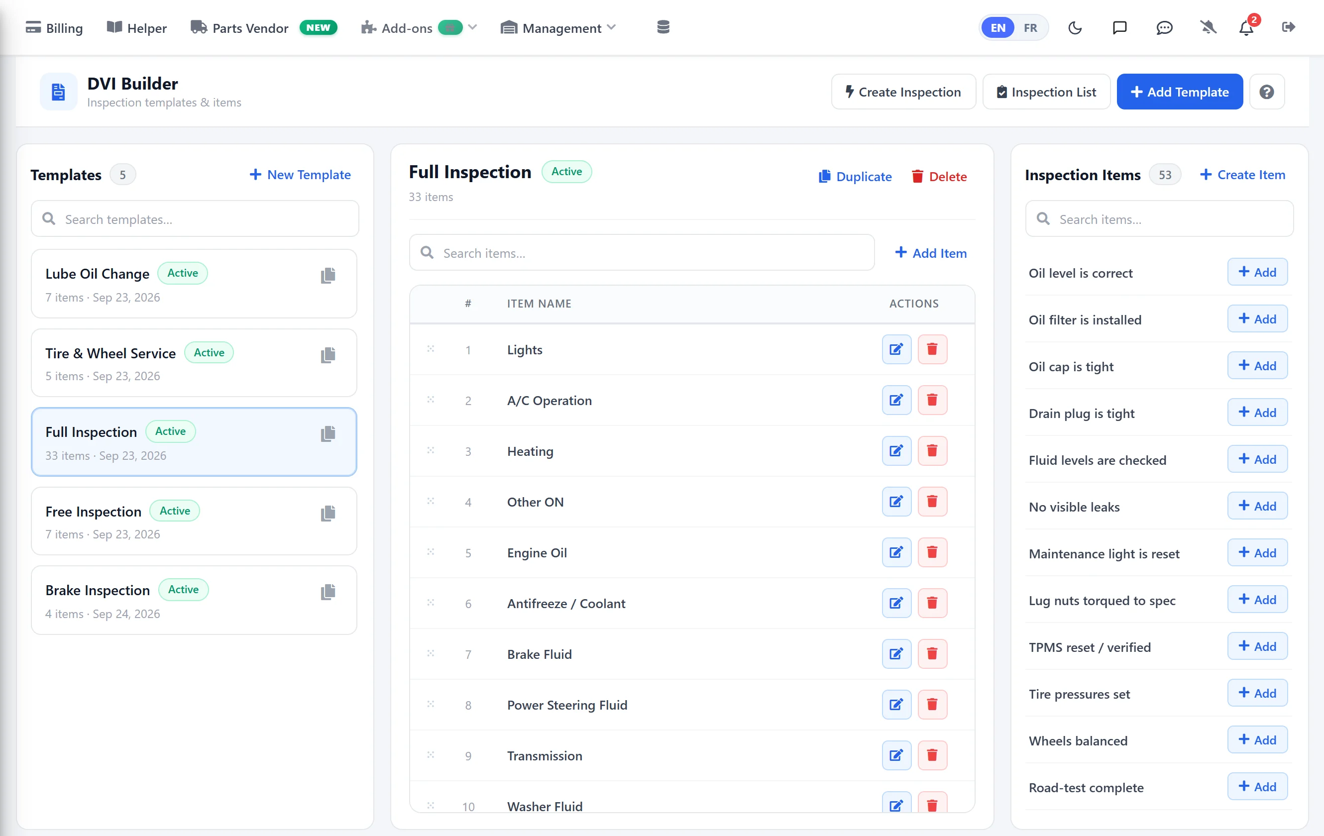 DVI Builder in AutoSoftWay: inspection templates, the checks in the selected template, and the inspection item library