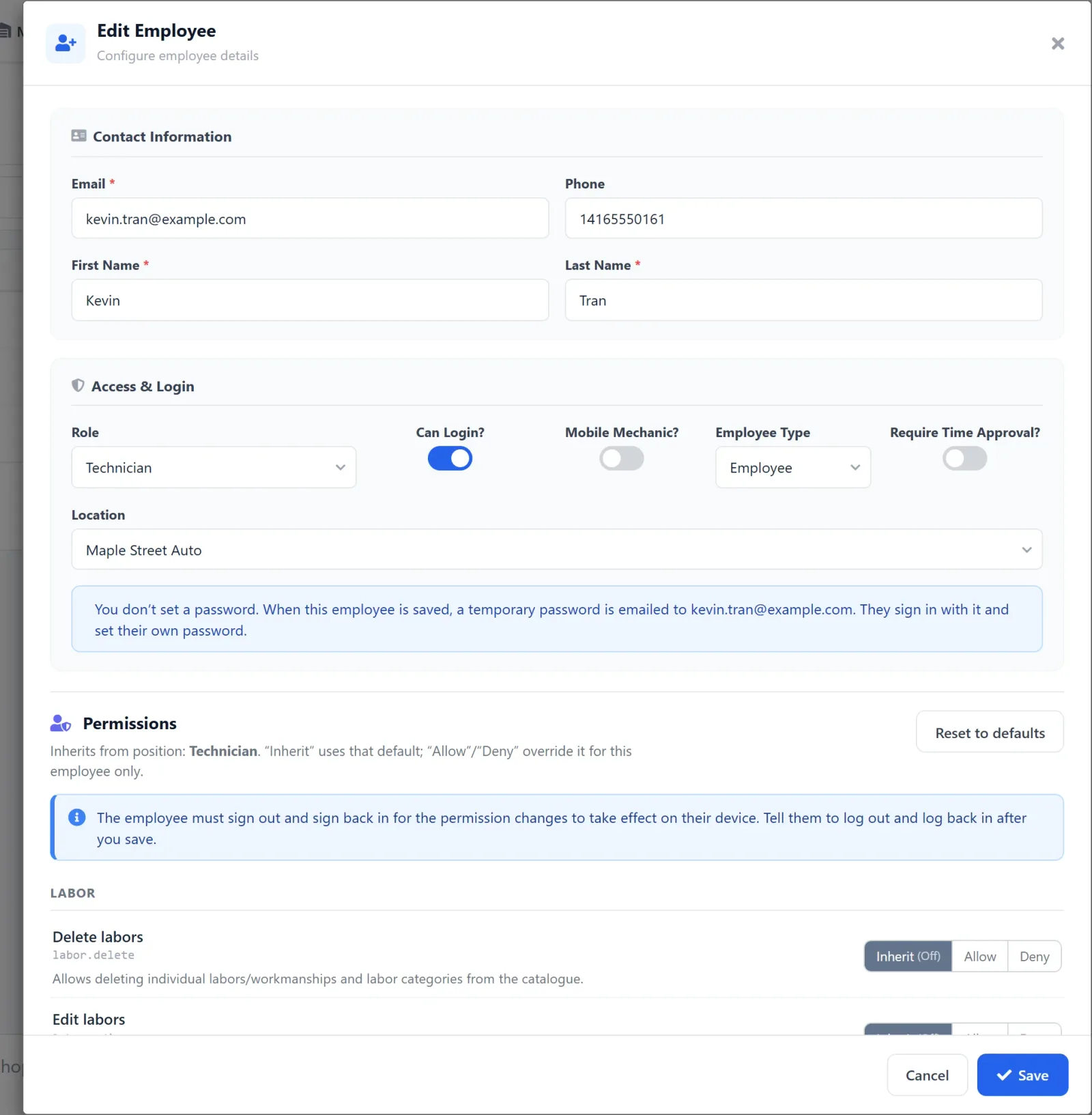 AutoSoftWay Edit Employee dialog for technician Kevin Tran: contact information, Role set to Technician with Can Login on, location, a note that a temporary password is emailed, and per-employee permission overrides