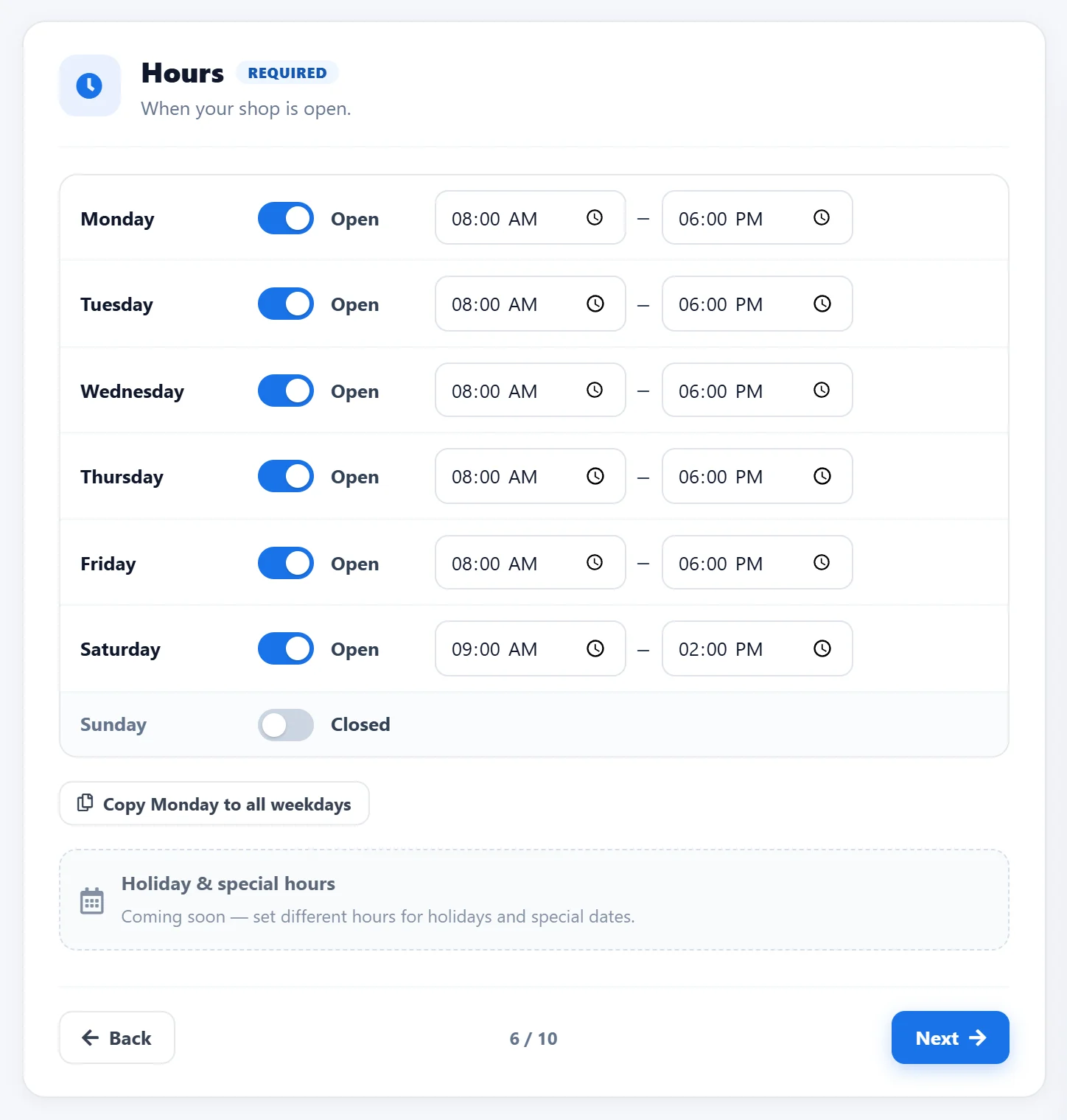 Hours step of the AutoSoftWay Website Builder: open and closed switches with opening and closing times for each day and a Copy Monday to all weekdays button