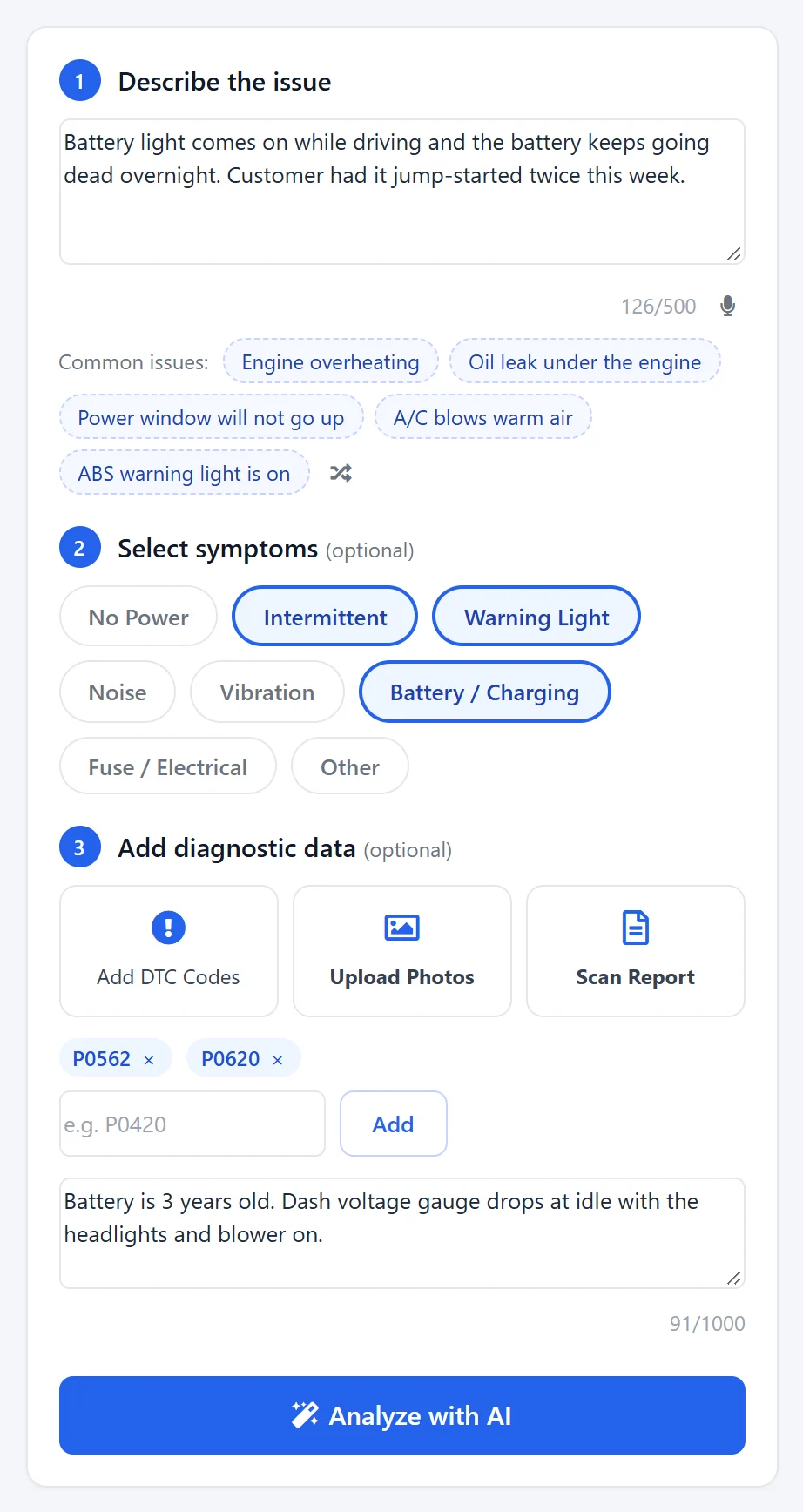AI Diagnostic input panel: issue description, common issues, symptom chips, DTC codes P0562 and P0620, photo and scan report upload, technician notes and the Analyze with AI button