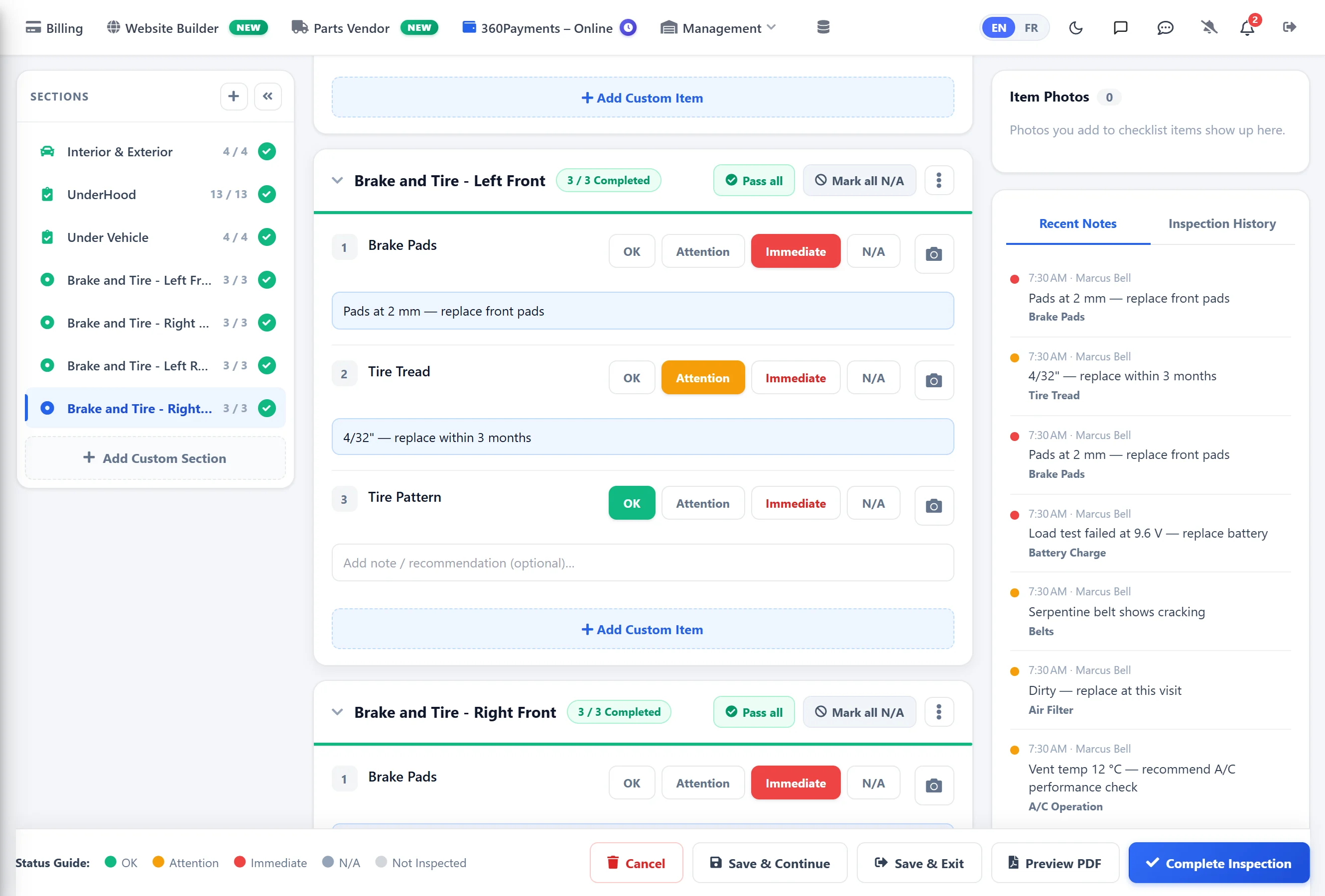 Inspection checklist with a status for every item