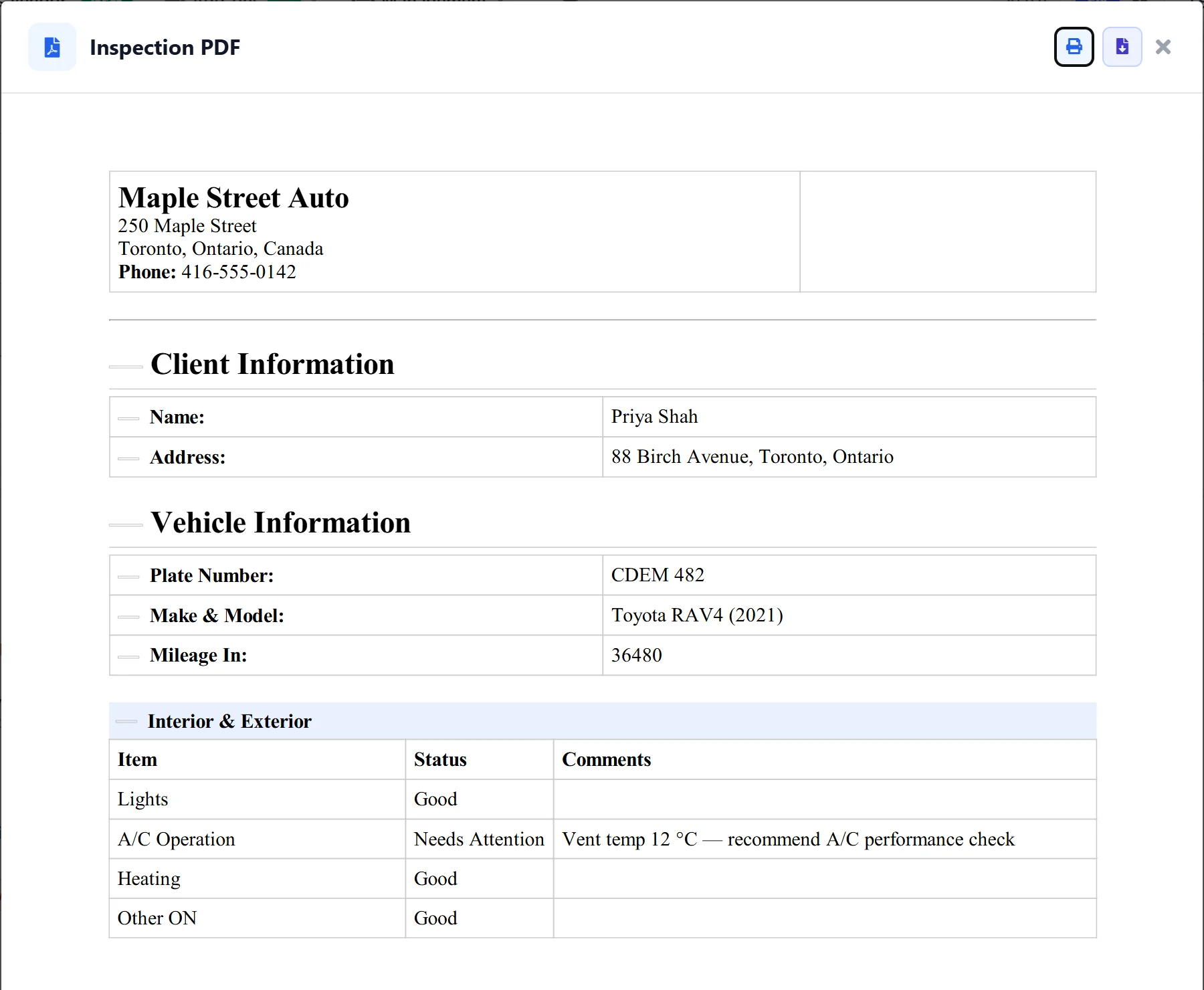 Inspection report PDF with shop, client and vehicle details and each check’s status and comments