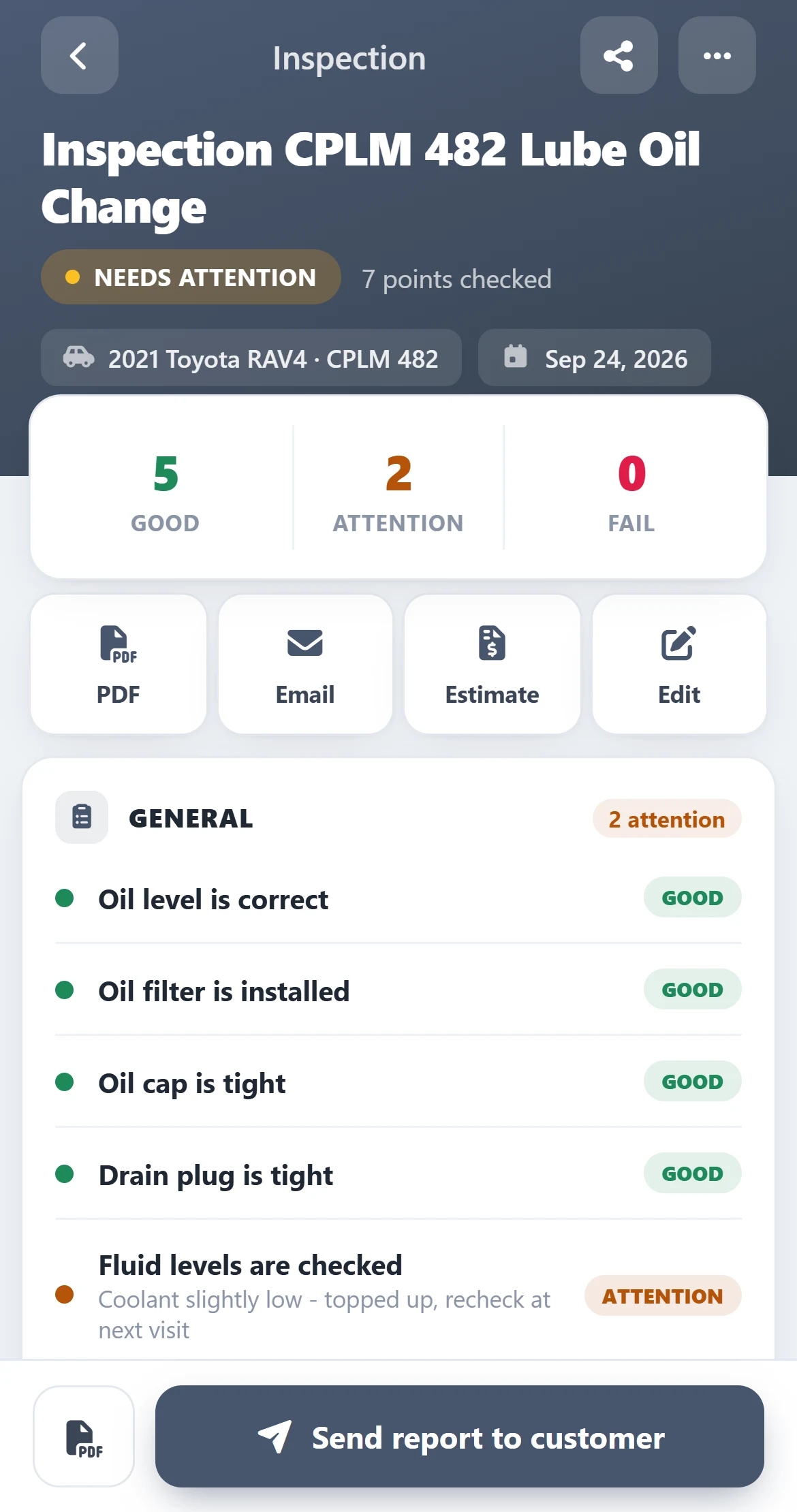 Digital vehicle inspection with good and needs-attention items and technician notes