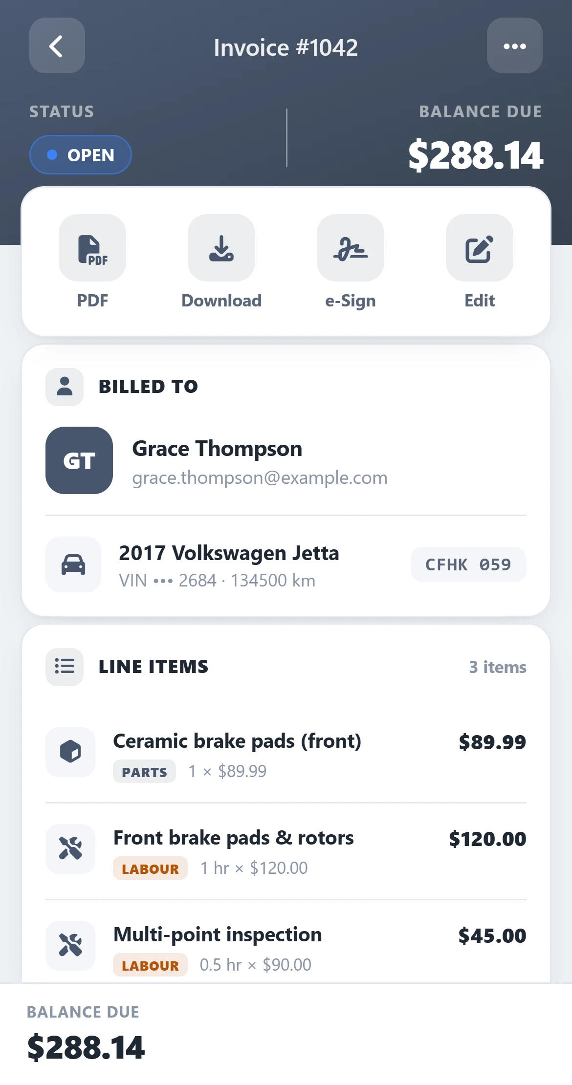 Invoice with balance due, customer, vehicle and line items