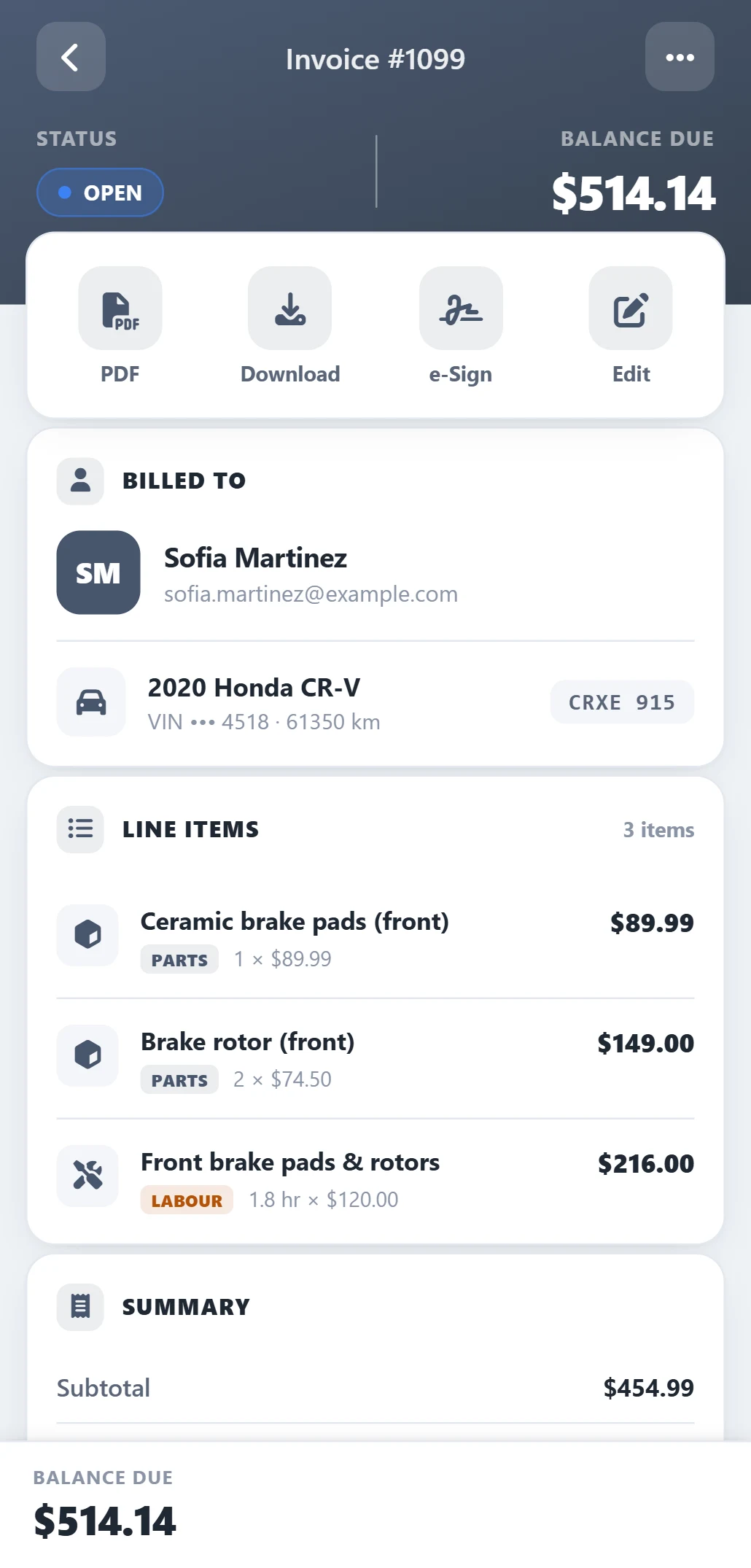 AutoSoftWay Android app: an invoice with balance due, PDF, e-Sign, client, vehicle and line items