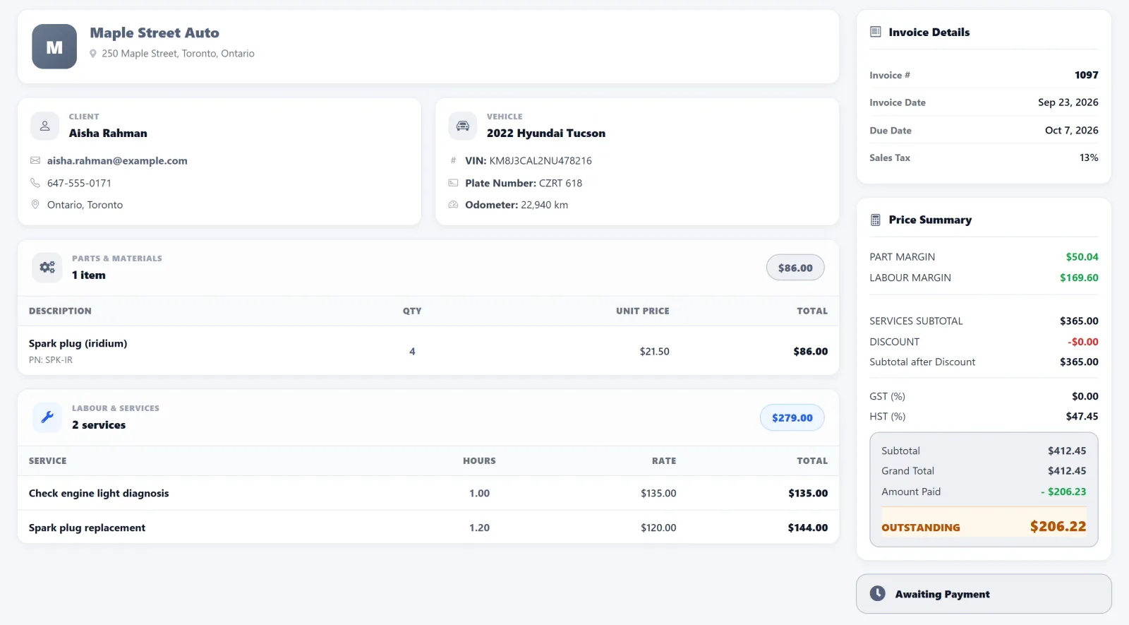 AutoSoftWay invoice with parts, labour, tax, part and labour margins, amount paid and balance outstanding
