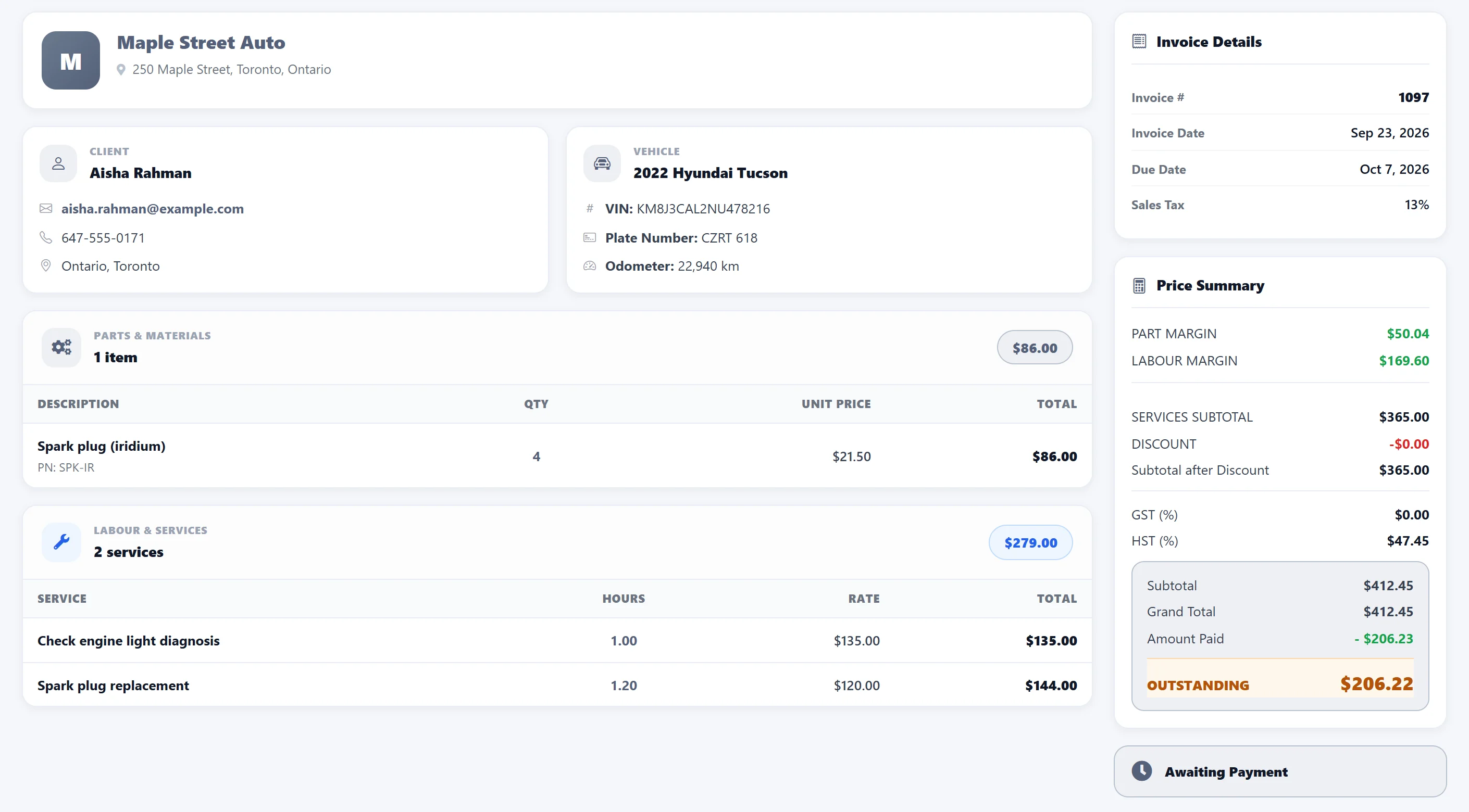 AutoSoftWay invoice generated from the work order, with client and vehicle, parts and labour lines, taxes, amount paid and outstanding balance