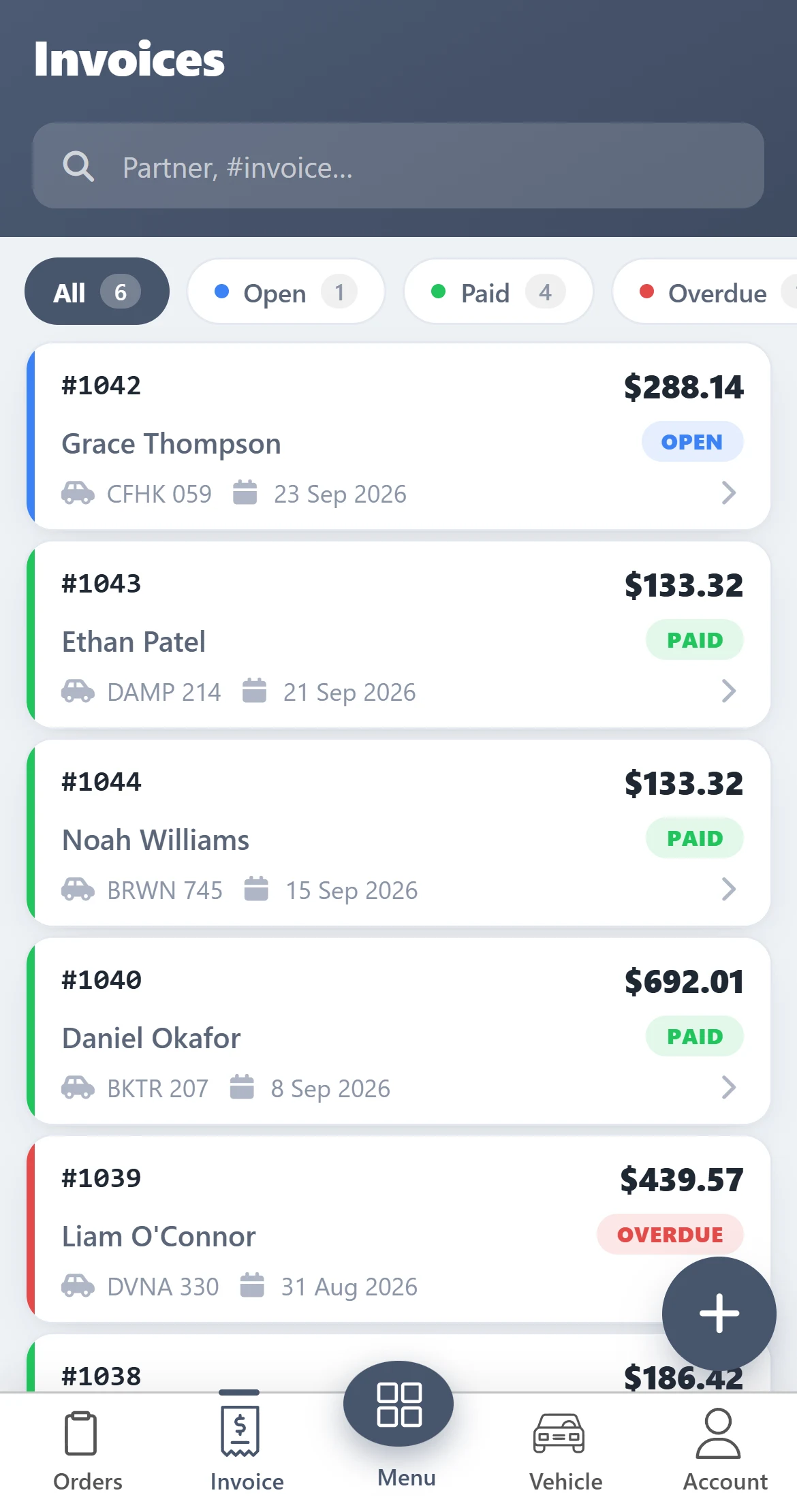 Invoice list with open, paid and overdue invoices