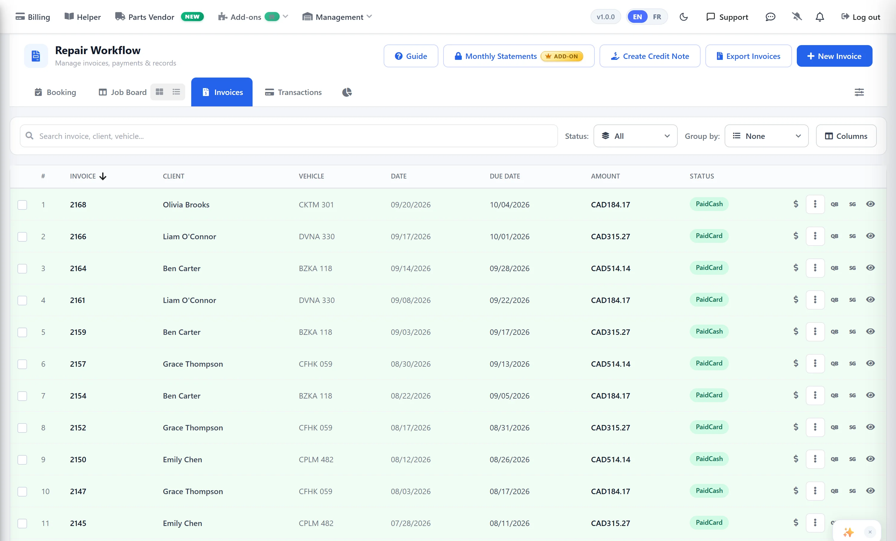 AutoSoftWay Repair Workflow invoices list showing invoice numbers, clients, vehicles, dates, amounts and paid status in one shared list