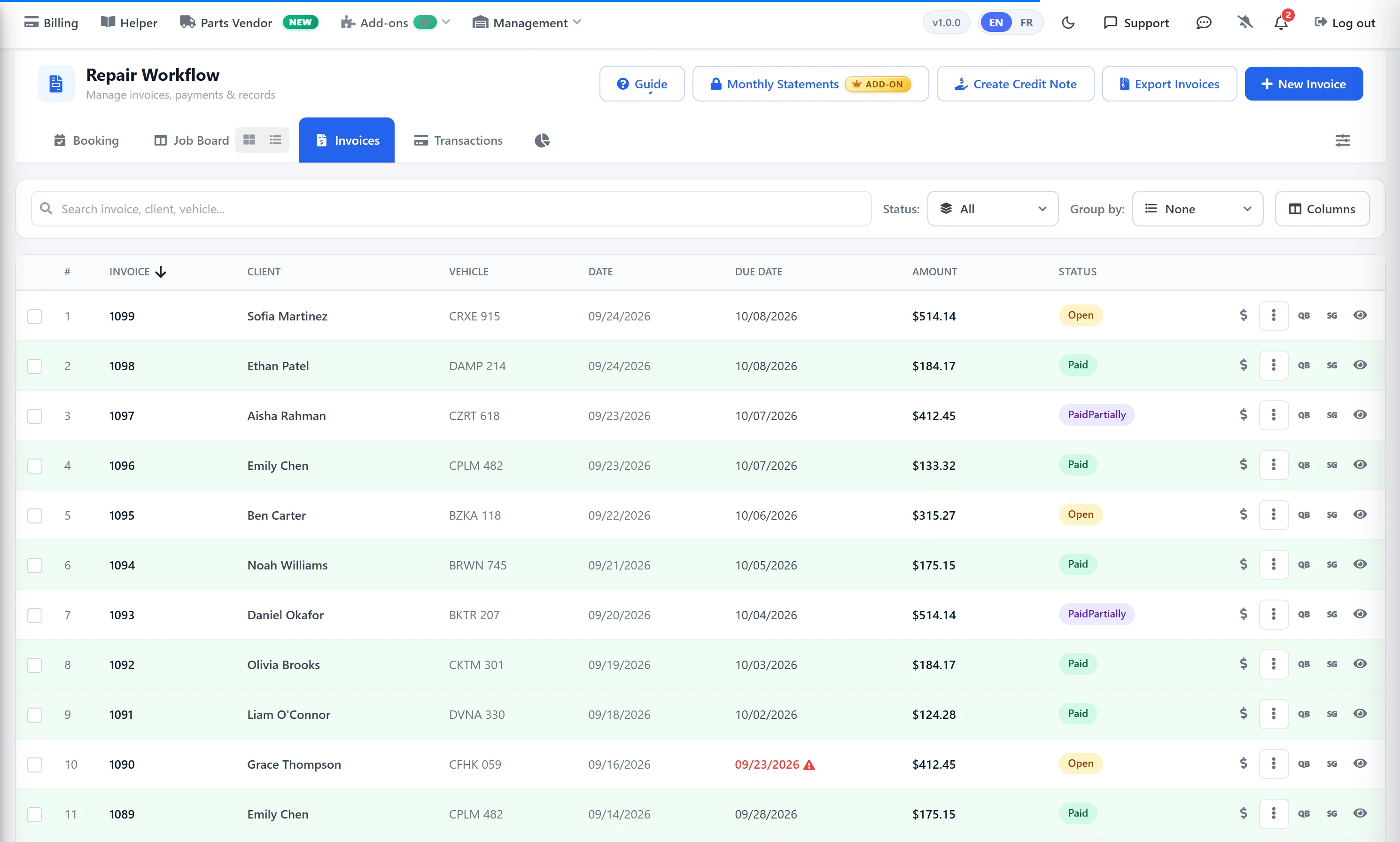 AutoSoftWay Repair Workflow invoices list with each invoice’s amount and its Open, Paid or PaidPartially status