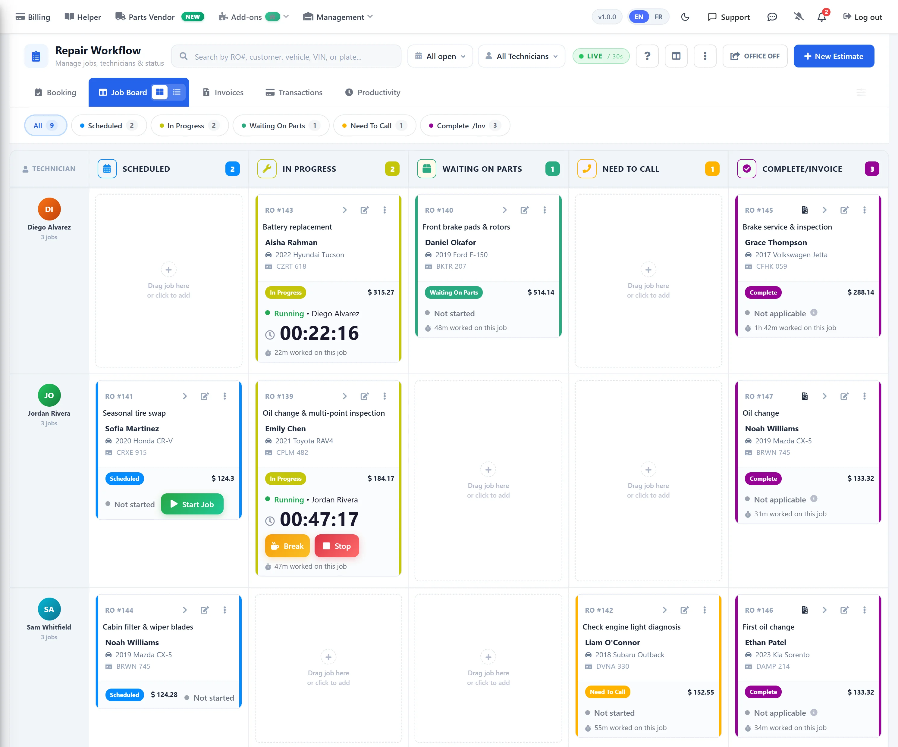AutoSoftWay Repair Workflow Job Board with Scheduled, In Progress, Waiting On Parts, Need To Call and Complete/Invoice columns per technician, live job timers and Start Job, Break and Stop buttons