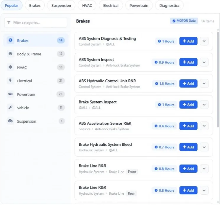 MOTOR labour categories in AutoSoftWay — Brakes, Body & Frame, HVAC, Electrical, Powertrain, Vehicle and Suspension — with hours for each operation