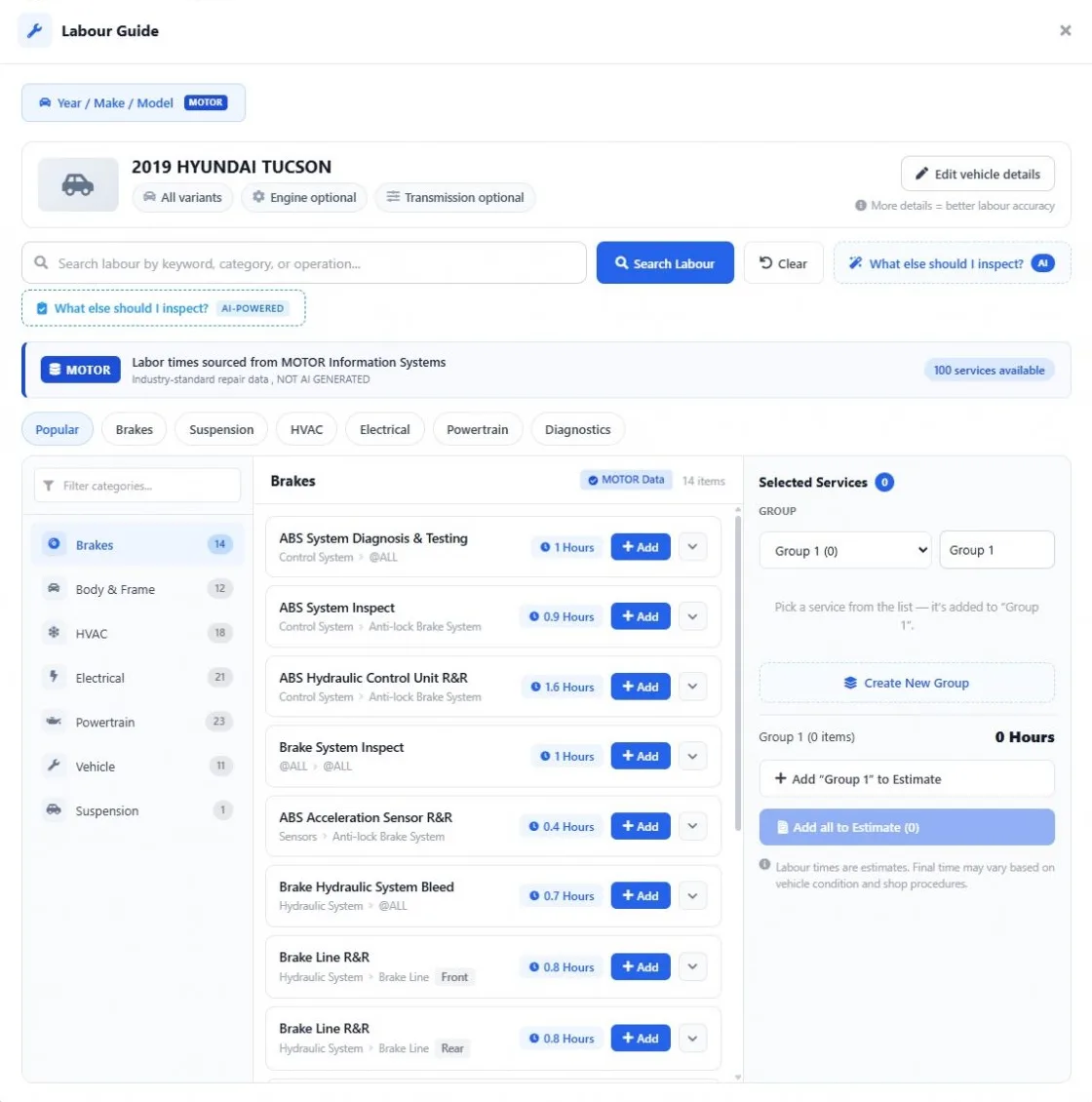MOTOR Labour Guide categories in AutoSoftWay — Brakes, Body & Frame, HVAC, Electrical, Powertrain, Vehicle and Suspension — with the operation count for each and labour hours per job