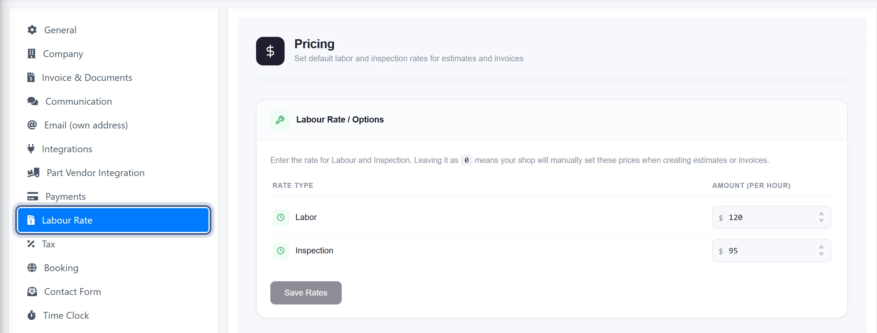 AutoSoftWay Settings: labour rate per hour for labor and inspection