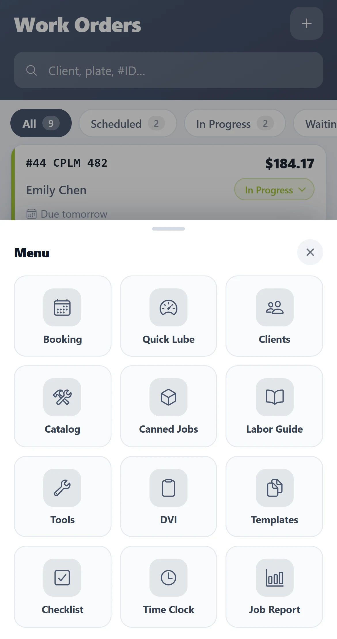 AutoSoftWay app menu with booking, clients, catalog, labor guide, DVI and more