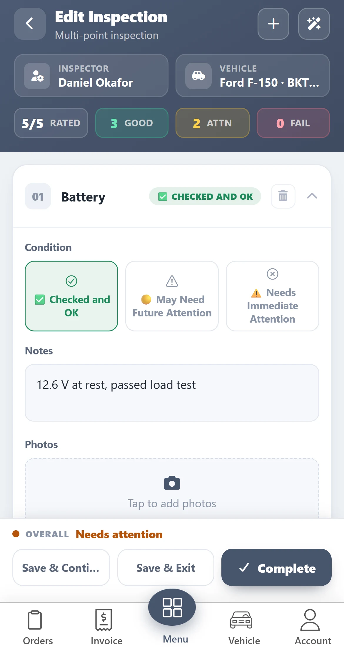 AutoSoftWay mobile app Edit Inspection screen: inspector and vehicle, 3 good and 2 attention, a Battery item rated Checked and OK with a note and a photo area, and Complete button