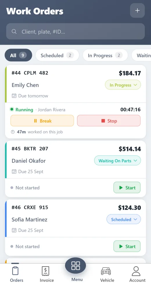 AutoSoftWay mobile app work orders list with a running job timer