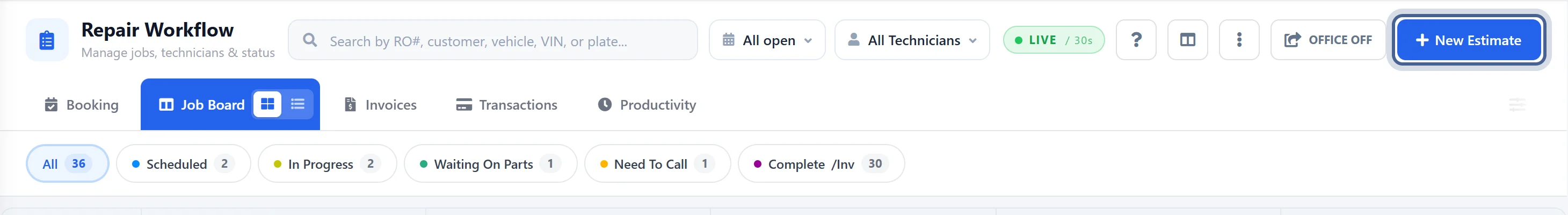 New Estimate button on the Job Board