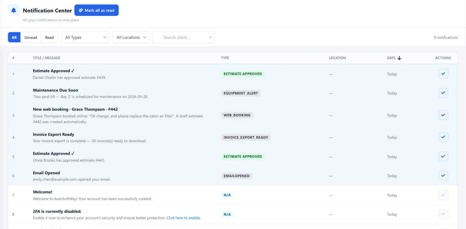 AutoSoftWay Notification Center listing estimate approvals, a new web booking, maintenance due, invoice export ready and email opened notifications, with filters for unread, type, location and client