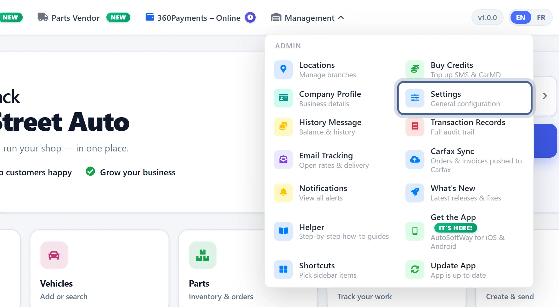 Settings in the Management menu