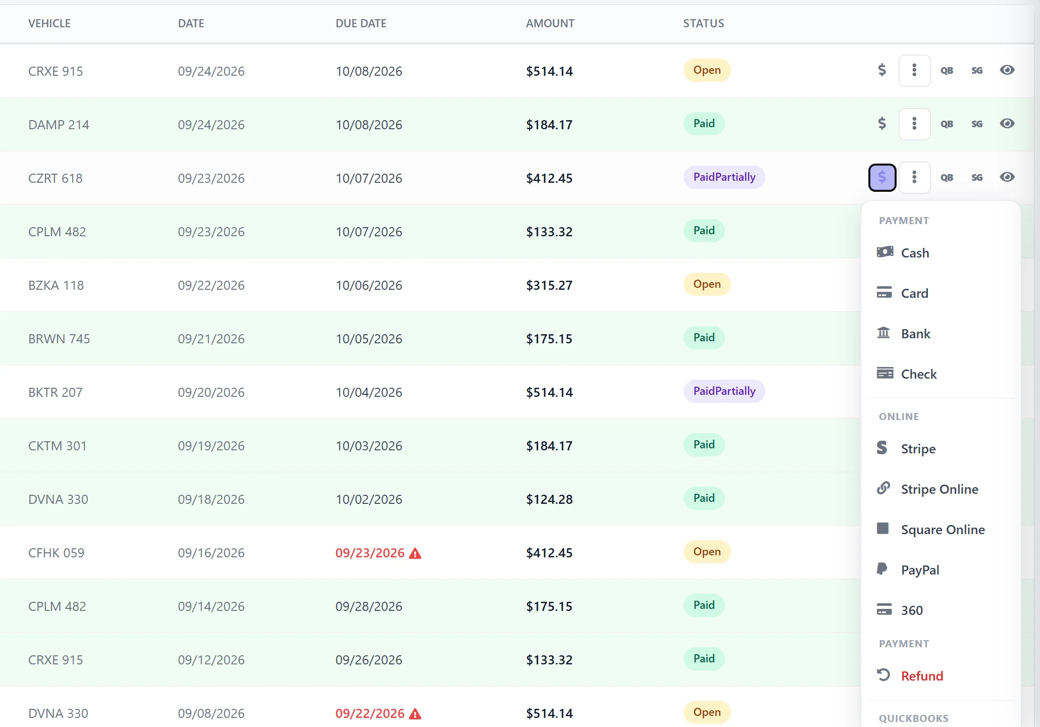AutoSoftWay invoice list with the Pay menu open, showing Cash, Card, Bank and Check plus online options including Stripe and Stripe Online