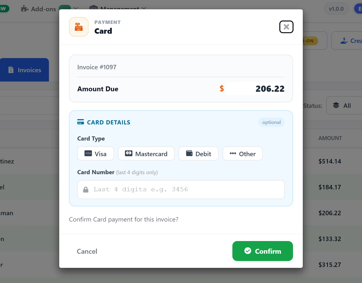 Recording a card payment on an AutoSoftWay invoice: amount, card type and last digits